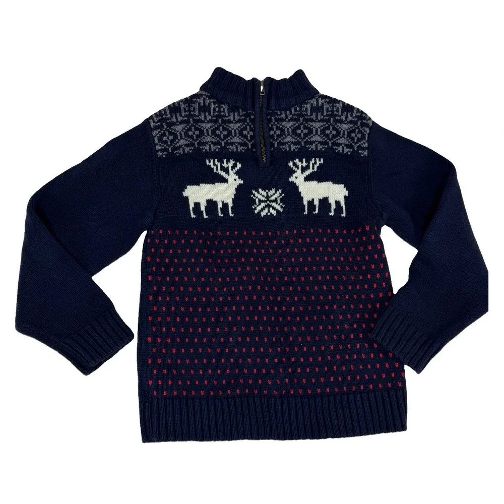 Gymboree Boys Holiday 1/4 Zip Sweater Sz Med 7-8 Navy Reindeer Fair Isle Knit